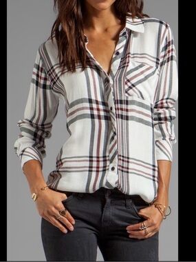 Rails White Plaid Button-Down Shirt with Black and Red Stripes❤️